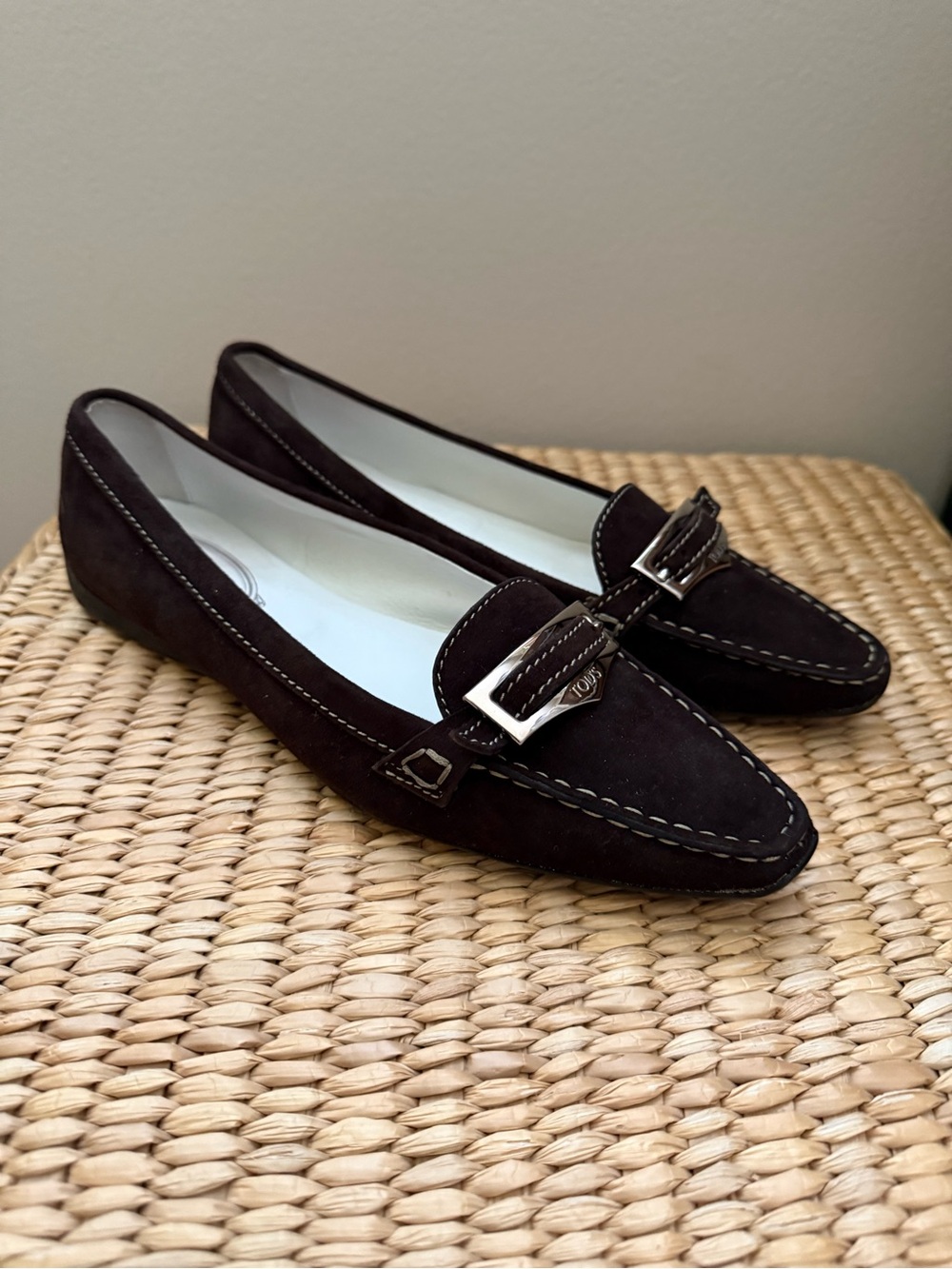 Tod's Dark Brown Suede Loafers with Silver Buckle. Size 7.5US/ 38 EUR